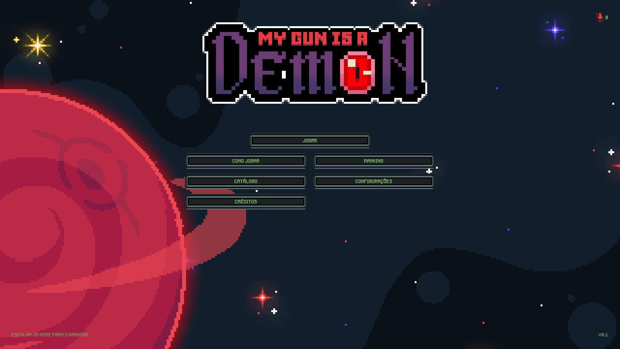 Tela inicial de My Gun is a Demon, com o logo em pixel art e um planeta vermelho